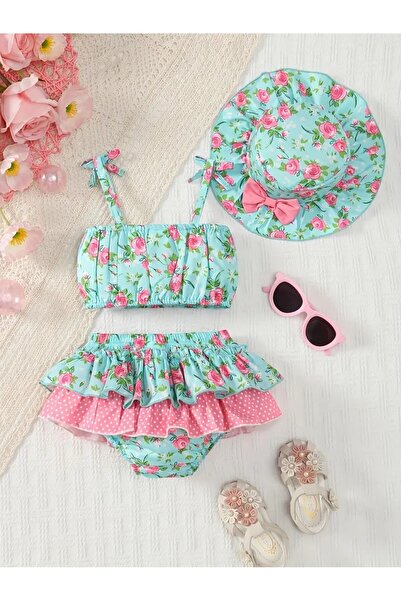 LORE MİEL Kız Bebek Şapkalı Bikini Takımı