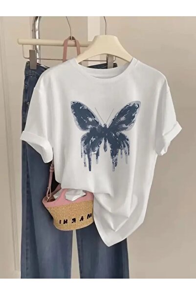 l'eivor Tricou de damă din bumbac cu imprimeu fluture gri