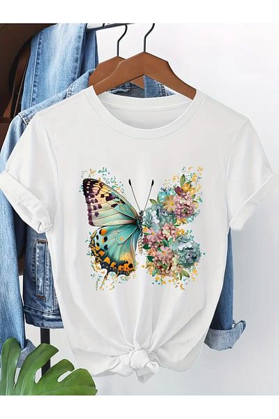 LEIVOR Colorful Butterfly & Flower Printed Women's Cotton T-Shirt