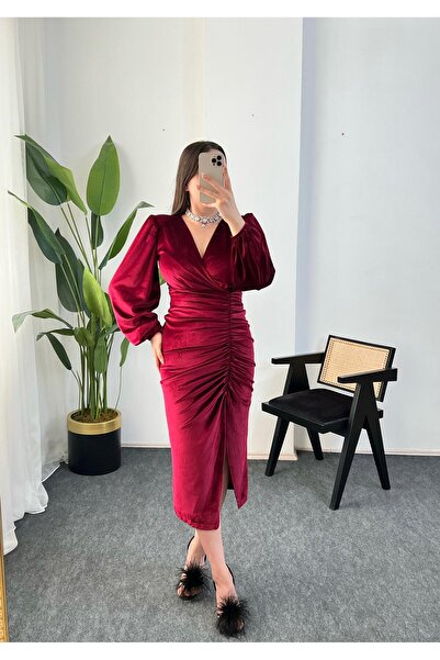 FEVRİER MODE Önü büzgülü drapeli yırtmaçlı elbise