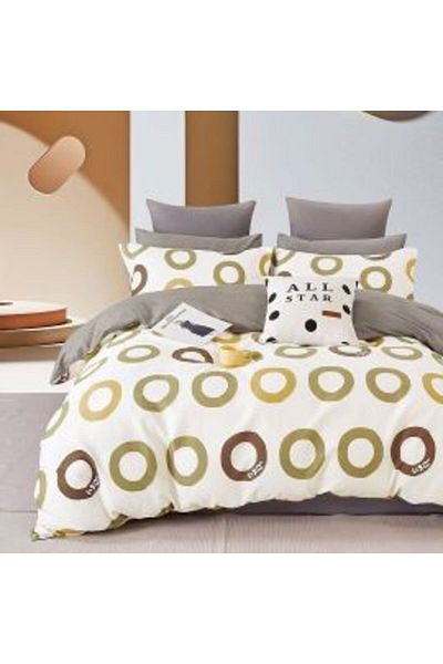 Ralex Double Bed Linen Set, 6 Pieces, 100% Percale Cotton, Beige/Green Circles