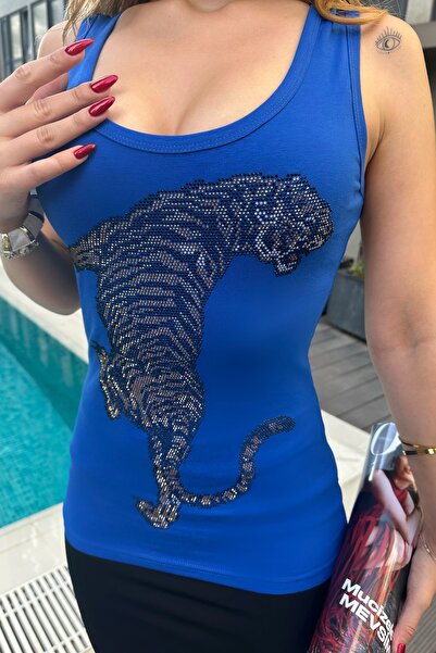 RICH GLAM Leopard Crystal Stone Slim Fit / Slim Fit Cotton Women's Sleeveless Tshirt Thick Strap Tank Top