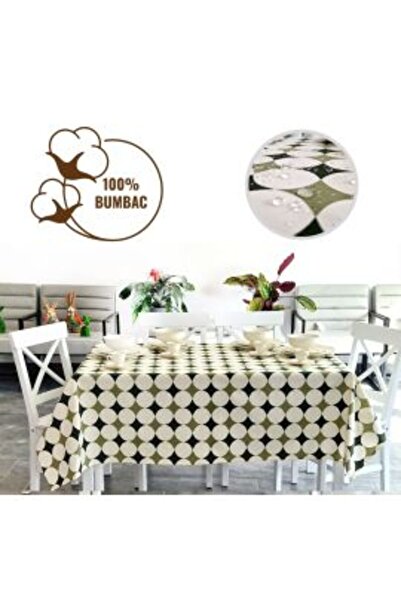 Ralex Anti-stain Tablecloth 100% Cotton Diameter 180 cm, Cream Green Dots