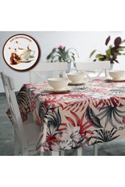 Ralex Anti-stain Tablecloth 100% Cotton Diameter 180 cm, Exotic Leaves Red
