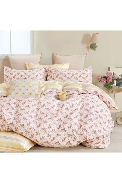 Ralex Lenjerie de pat dublă 6 piese Percale 100% bumbac, Floral Galben/Roz, Pucioasa