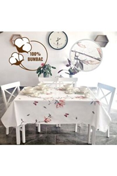 Ralex Non-Stain Tablecloth 100% Cotton 160 x 320 cm, White Pink Flower