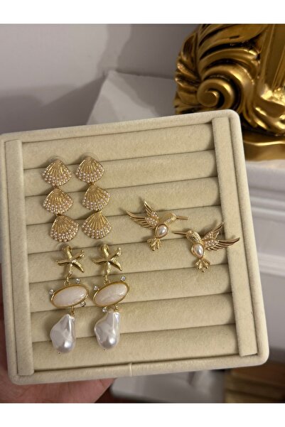 Laquila Jewellery İncili 3 lü Midye Küpe