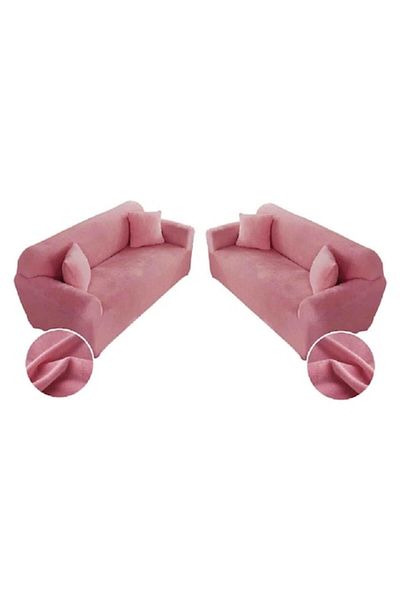 OEM Set 2 Huse cu elastica pentru canapea din Catifea, Uni, 180x230cm L-3 locuri, Roz Pudra