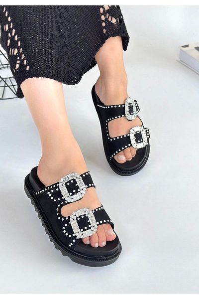 meSga butik Juana Black Nubuck Stone Slippers