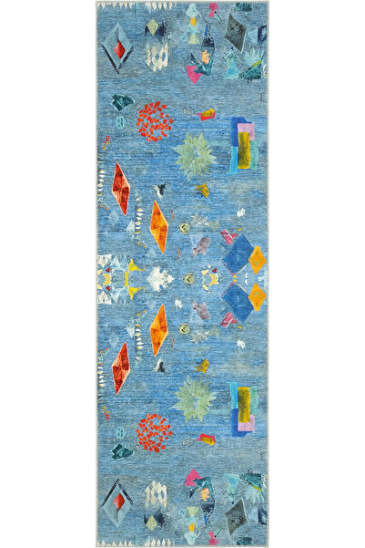 Cool Halı Lumina Mavi Yıkanabilir Yolluk Dekoratif Soyut Desenli Yumuşak Yüze...