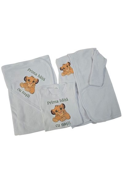 OEM Set pentru prima baita cu nasii 3-6 luni, Halat, Prosop si body, Alb, Model Safari