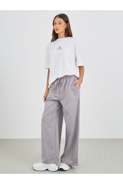 Styli Women Grey Suede Look Wide Leg Joggers