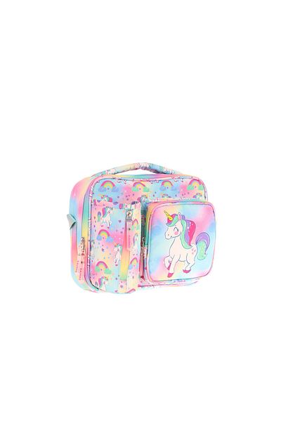 KAUKKO Girl's Multicolored Unicorn Thermal Insulated Three Compartments (Water Bottle Pocket) School Lunch Bag L7243