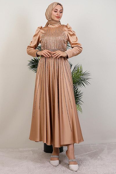 GİYZAMİLA Sun Hijab Evening Dress Sütlükkahve