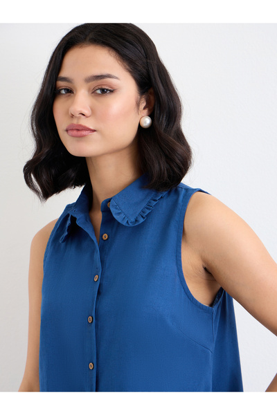 Styli Navy Blue Linen Look Top and Wide Leg Pants Co-Ords