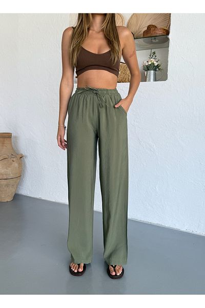 COMBİNE MİCHAİL Pantaloni de damă din in kaki, confortabili de vară