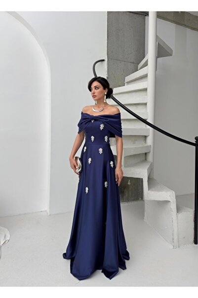 Serica Moda Lacivert Düşük Omuz Straplez Taşlı Saten Abiye Elbise