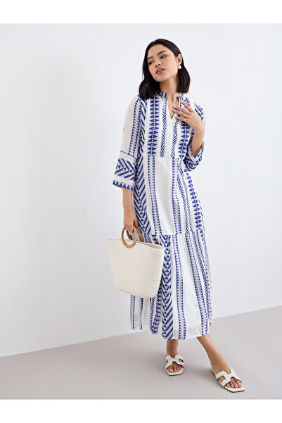 Styli Jacquard Notch Neck Tiered Midi Dress