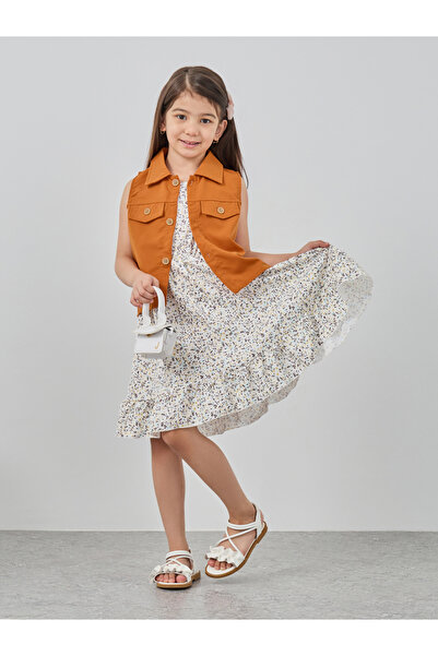 Styli Floral Print Dress and Collared Waistcoat Set