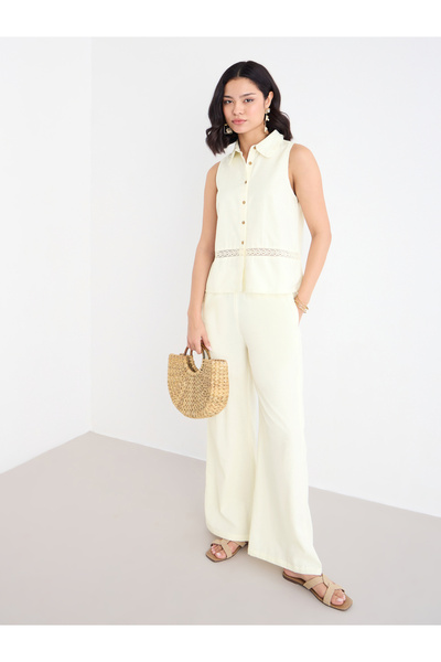 Styli Cream Linen Look Top and Wide Leg Pants Co-Ords