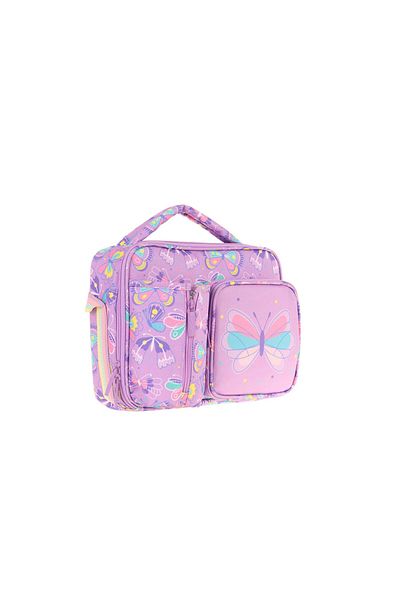KAUKKO Geantă de prânz pentru școală cu model de fluture liliac pentru fete, izolată termic, cu trei compartimente (buzunar pentru sticlă) L7222