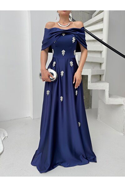 Serica Moda Lacivert Düşük Omuz Straplez Taşlı Saten Abiye Elbise