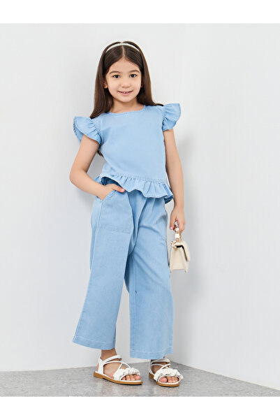 Styli Ruffled Edge Denim Top and Pants Set