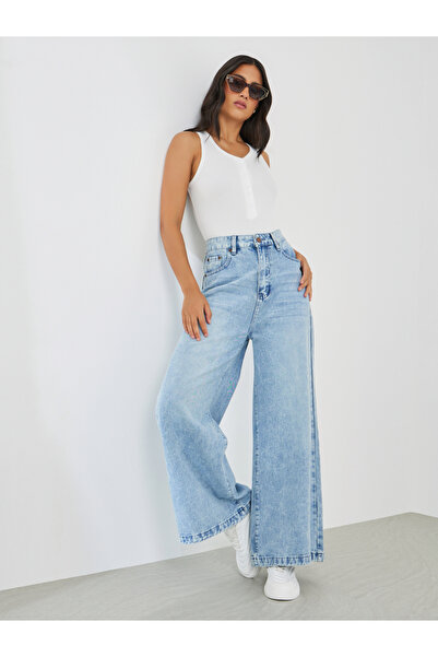 Styli بنطال جينز باهت بارتفاع متوسط وساق واسعة