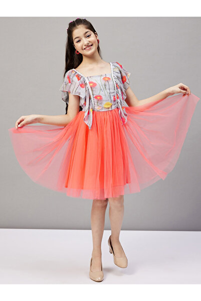 Stylo Bug By Styli Frill Sleeve Printed Dress with Mesh Insert