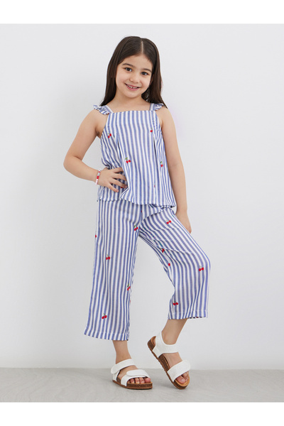 Styli Striped Ruffled Top and Culottes Set