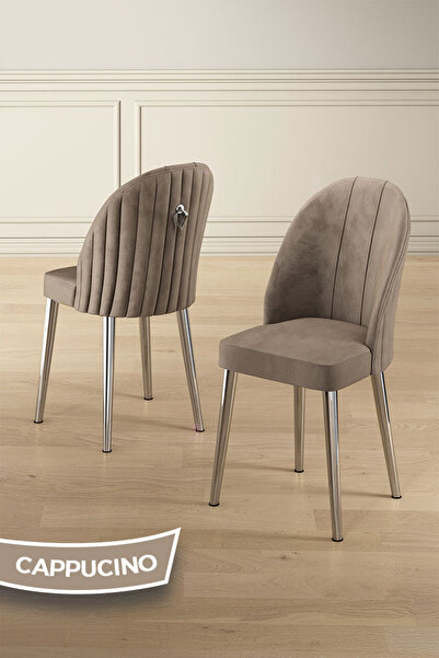 Canisa Rada Serisi 80x132 Açılabilir Lak Panel Beyaz Mermer Desen Masa 4 Cappucino Sandalye Krom Detay