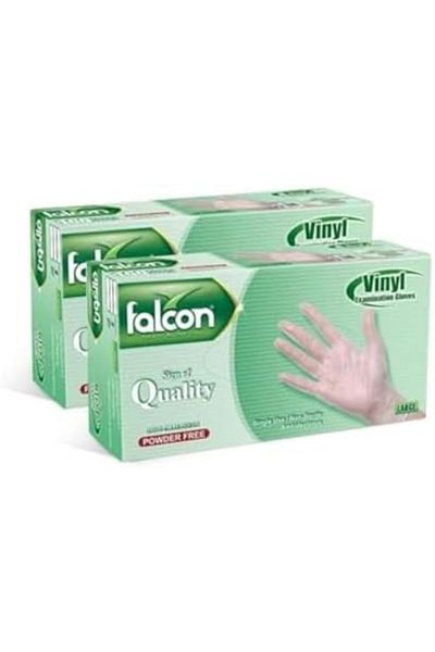 Falcon قفازات الفينيل - شفافة وخالية من البودرة - كبيرة (عبوتين × 100 قطعة)