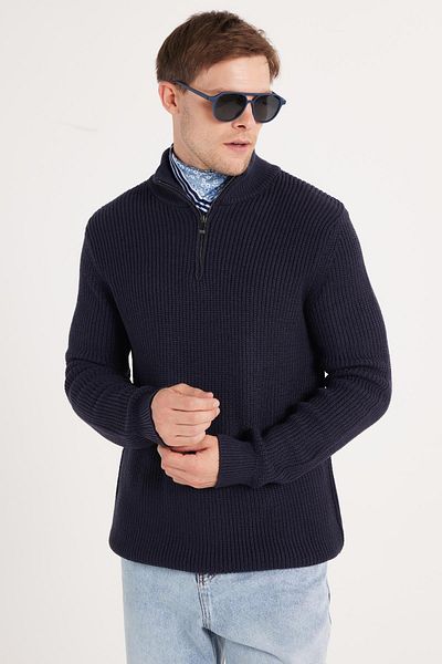 Tudors Pulover pentru bărbați, slim fit, cu fermoar, albastru bleumarin, cu guler ridicat
