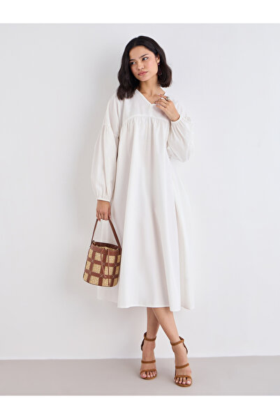 Styli White Cotton Poplin Midi Dress with Volume Sleeves