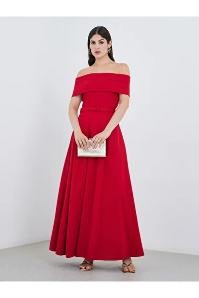 Styli Off Shoulder Belted A-Line Maxi Dress