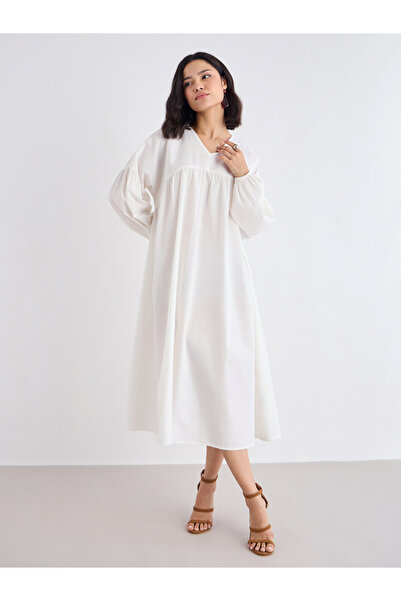 Styli White Cotton Poplin Midi Dress with Volume Sleeves
