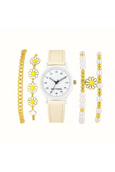 REDz Accessories Ceas elegant alb cu brățări asortate, margarete aurii și perle, set de damă