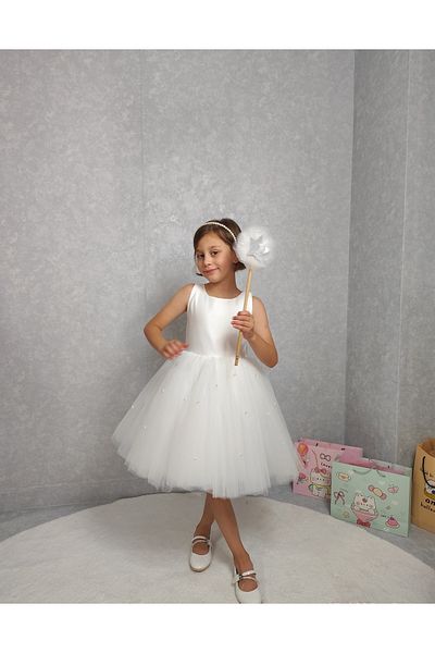 NSMLİFE Girl's Evening Dress Island, White Skirt with Pearls, Tutu Dress