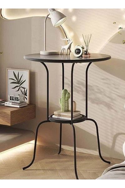 Generic Wrought Iron Round Coffee Table, 68*50cm, Double-Tiered, Retro Small Round Table, Bedroom Side Table