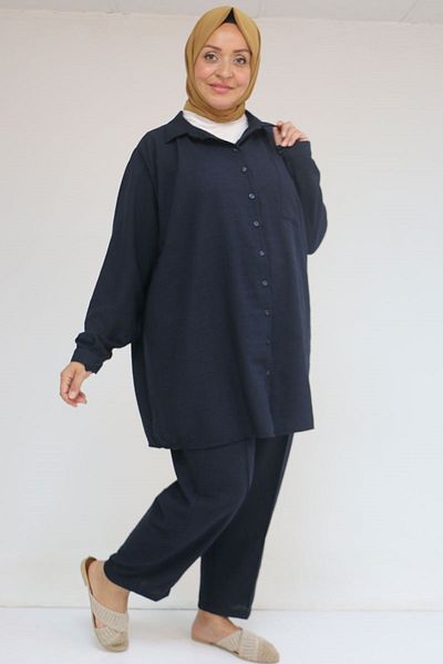 Eslina 57049 Plus Size Men's Collared Trousers Suit - Navy Blue