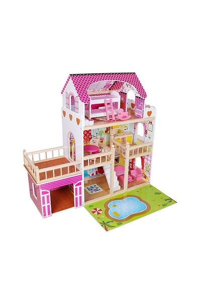 PROCART Wooden dollhouse, 60x33x90 cm, LED lighting, with garage, accessories