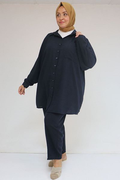 Eslina 57049 Plus Size Men's Collared Trousers Suit - Navy Blue