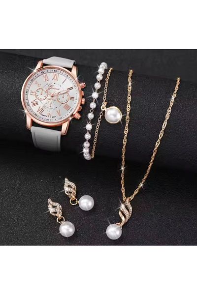 REDz Accessories Set cadou pentru femei, set de 4 piese pentru femei, ceas alb, brățară aurie, colier de perle, cercei