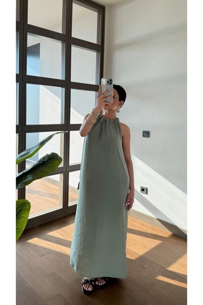 Eliz design Çağla Yeşil Boyundan Bağlamalı Elbise