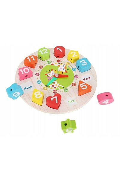 PROCART Educational clock in English, 12 cubes with different shapes, wooden elements