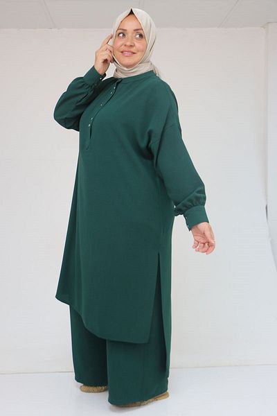Eslina 57029 Plus Size Half Patched Slit Trousers Suit - Emerald
