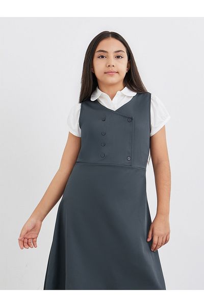 Styli Girls Grey V Neck Button Detail Pinafore Dress