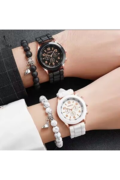 REDz Accessories Watches for Him and Her, Elegant Design, Analog Quartz, Set of 4 Pieces, Black White