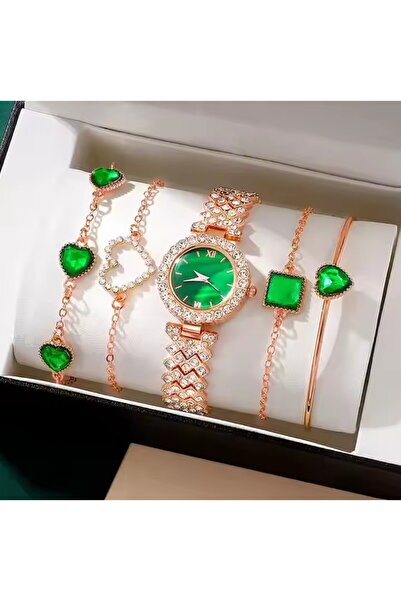 REDz Accessories Κομψό σετ γυναικείων ρολογιών, σμαραγδένιο πράσινο, 4 μοντέρνα μπρασελέ, ροζ χρυσό, λαμπερά αξεσουάρ