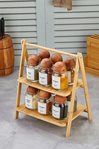 MODA OZY Set of 12 Vacuum Wooden Ball Lid, Bamboo Stand, 300ml Glass Spice Jar Set (Including Label)